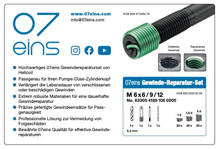 Das 07eins Gewinde-Reparatur-Set für M6-Schrauben ist passgenau für Pumpe-Düse-Zylinderköpfe und verlängert die Lebensdauer von verschlissenen oder beschädigten Gewinden. Es beinhaltet extrem robuste Materialien für eine dauerhafte Gewindereparatur, hat präzise gefertigte Gewindeeinsätze für Passgenauigkeit und ist die professionelle Lösung zur Vermeidung von Folgeschäden.