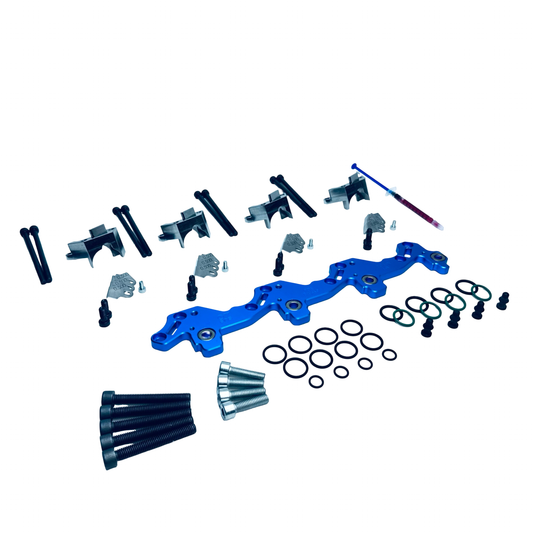 Original 07eins 16V PDE-Brücke Komplett-Set für 2.0 TDI 16V mit Bosch-PDEs: 16V PDE-Brücke, Montage-Set & 4× verstärkte VITON-Dichtungen.