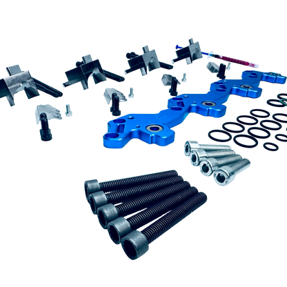 Original 07eins 16V PDE-Brücke Komplett-Set für 2.0 TDI 16V mit Bosch-PDEs: 16V PDE-Brücke, Montage-Set & 4× verstärkte VITON-Dichtungen.