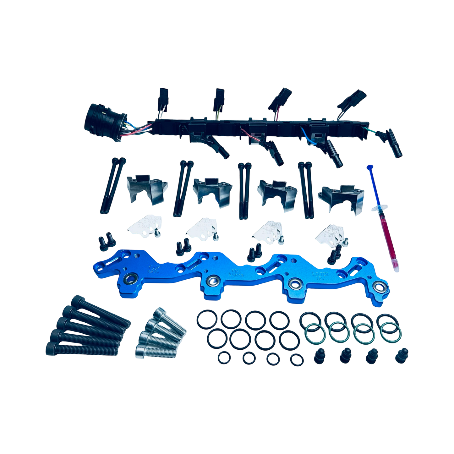 Original 07eins 16V PDE-Brücke Ultimate-Set für 2.0 TDI 16V mit Bosch-PDEs: 16V PDE-Brücke, Montage-Set, original VW Leitungssatz (modifiziert) & 4× verstärkte VITON-Dichtungen.