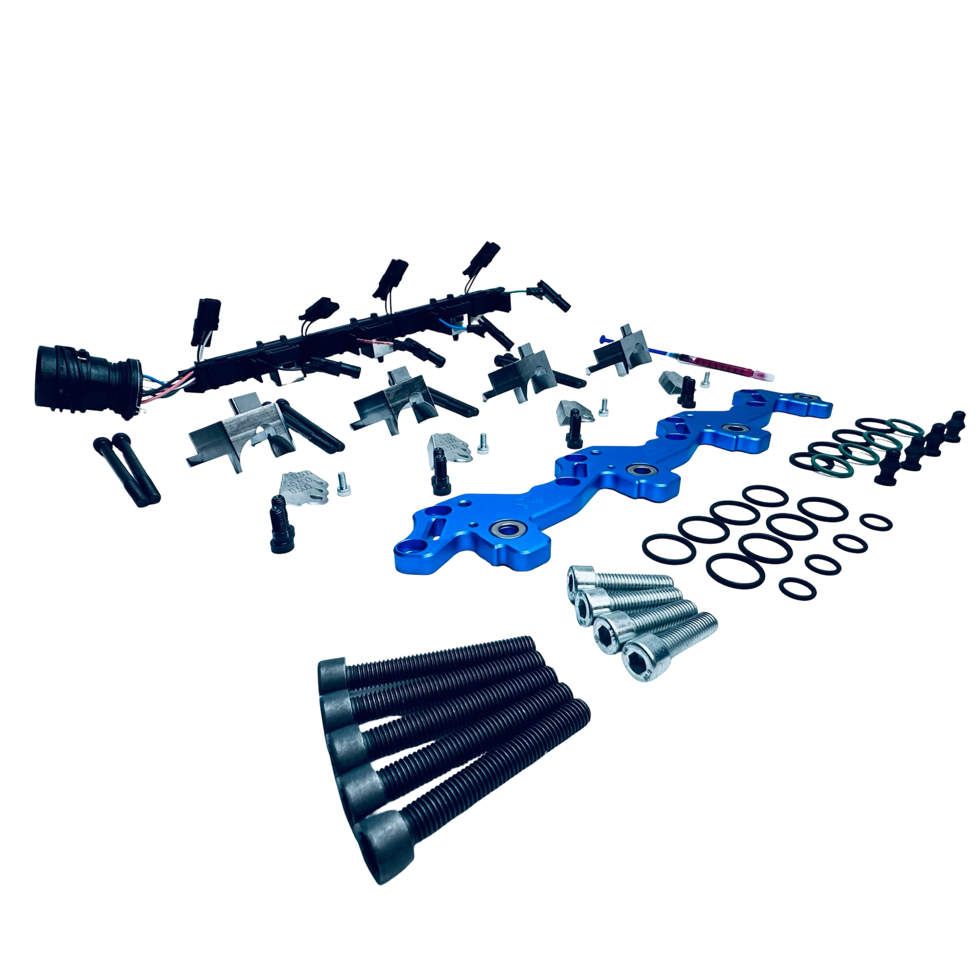 Original 07eins 16V PDE-Brücke Ultimate-Set für 2.0 TDI 16V mit Bosch-PDEs: 16V PDE-Brücke, Montage-Set, original VW Leitungssatz (modifiziert) & 4× verstärkte VITON-Dichtungen.