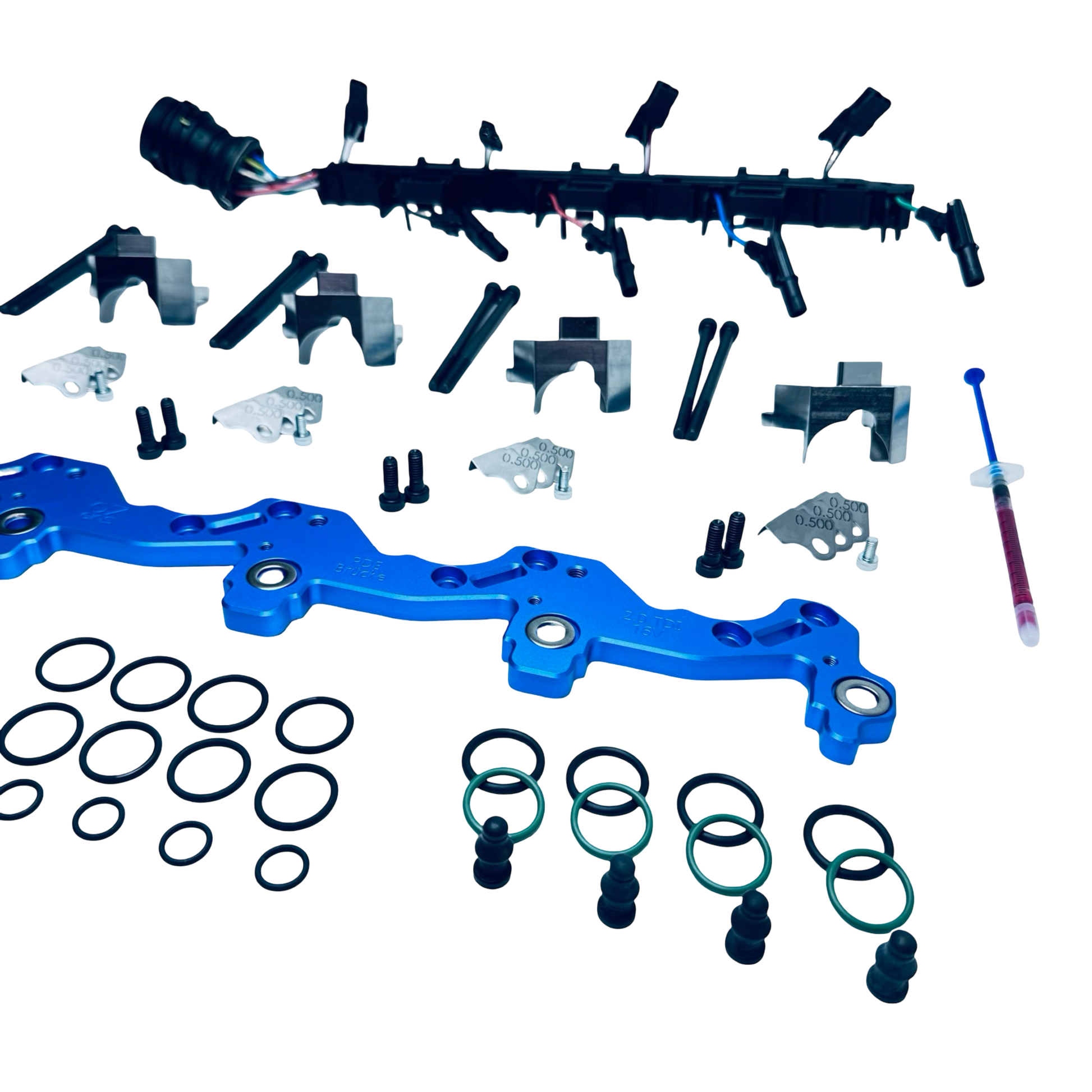 Original 07eins 16V PDE-Brücke Ultimate-Set für 2.0 TDI 16V mit Bosch-PDEs: 16V PDE-Brücke, Montage-Set, original VW Leitungssatz (modifiziert) & 4× verstärkte VITON-Dichtungen.