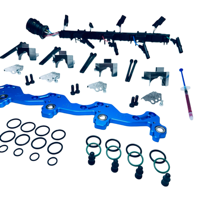 Original 07eins 16V PDE-Brücke Ultimate-Set für 2.0 TDI 16V mit Bosch-PDEs: 16V PDE-Brücke, Montage-Set, original VW Leitungssatz (modifiziert) & 4× verstärkte VITON-Dichtungen.