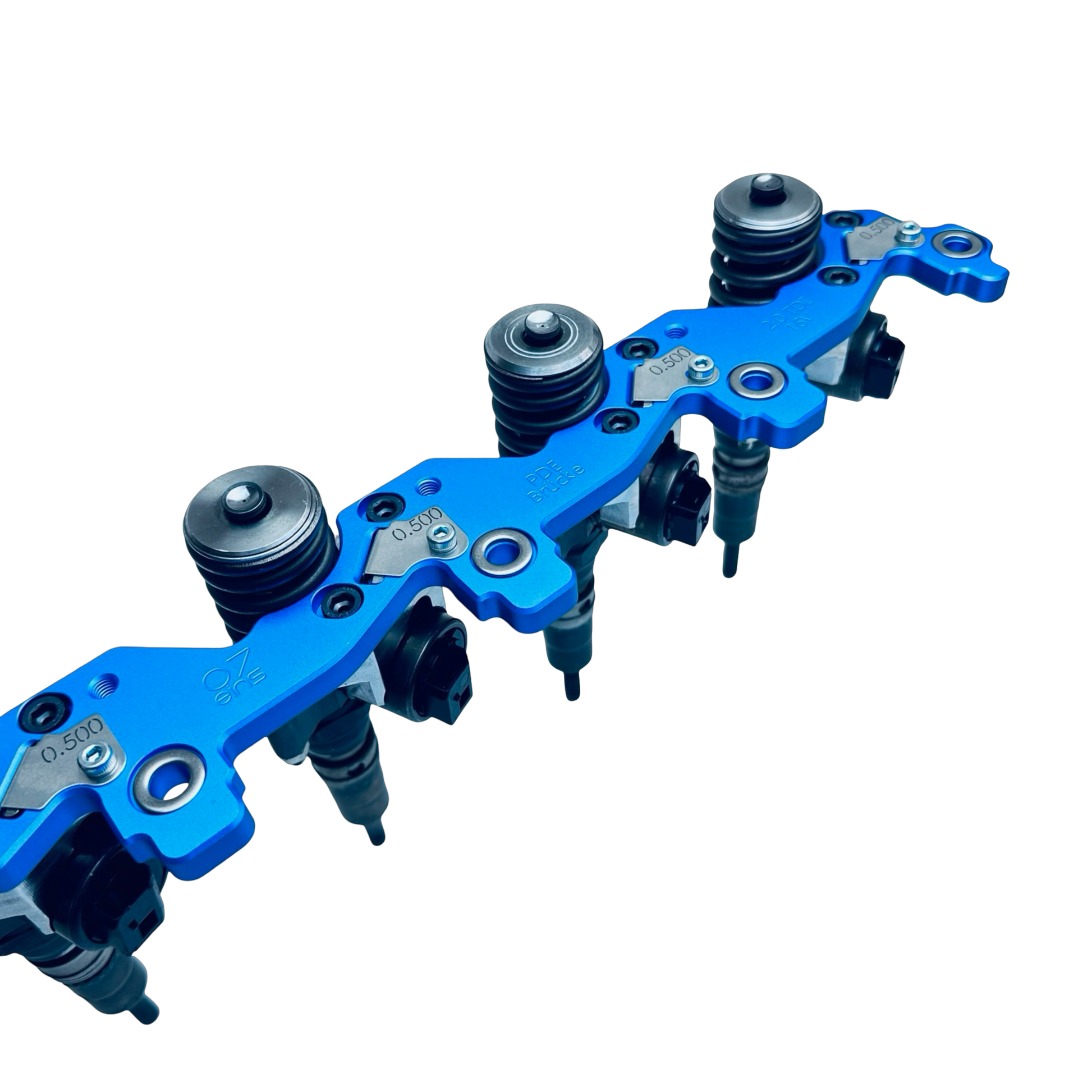 Original 07eins 16V PDE-Brücke für passende 2.0 TDI 16V mit Bosch-PDEs. Stabilisiert PDEs, reduziert Kippbewegung, Einlaufspuren und Diesel im Öl.