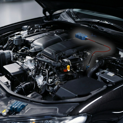 OILMETRIC Surveillance de l'huile Plug & Play avec écran tactile pour prise de bord : module de capteur bleu cobalt dans le compartiment moteur