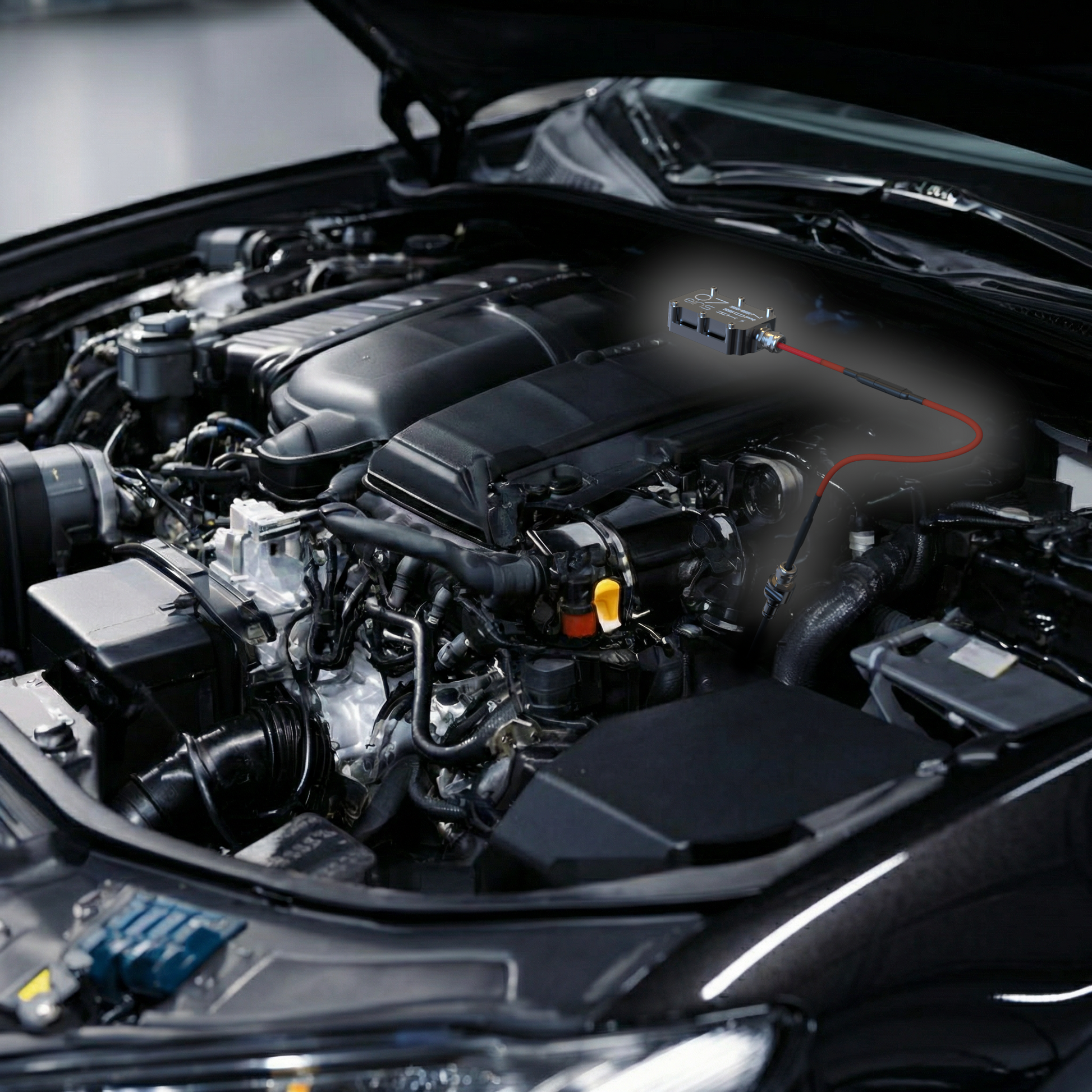 OILMETRIC Surveillance de l'huile Plug & Play avec écran tactile pour prise de bord : module de capteur argent titane dans le compartiment moteur