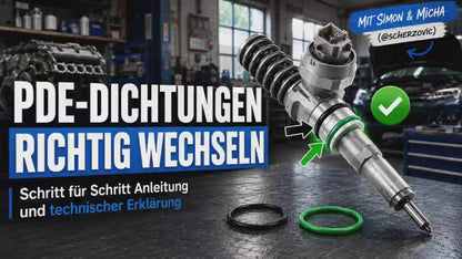 PDE-Dichtungen: In diesem Video zeigen Simon Schoßböck von 07eins und Micha aka  @Scherzovic   worauf es beim richtigen Wechsel der Dichtungen an Pumpe-Düse-Elementen wirklich ankommt.

Beim PDE-TDI machen die Dichtungen am Ende die entscheidende Arbeit: Sie trennen Brennraum, Kraftstoff und Motoröl zuverlässig voneinander. Wenn alte, brüchige oder minderwertige Dichtungen verwendet werden, kann es zu Undichtigkeiten, Öl-/Kraftstoffvermischung und Folgeschäden am Motor kommen.