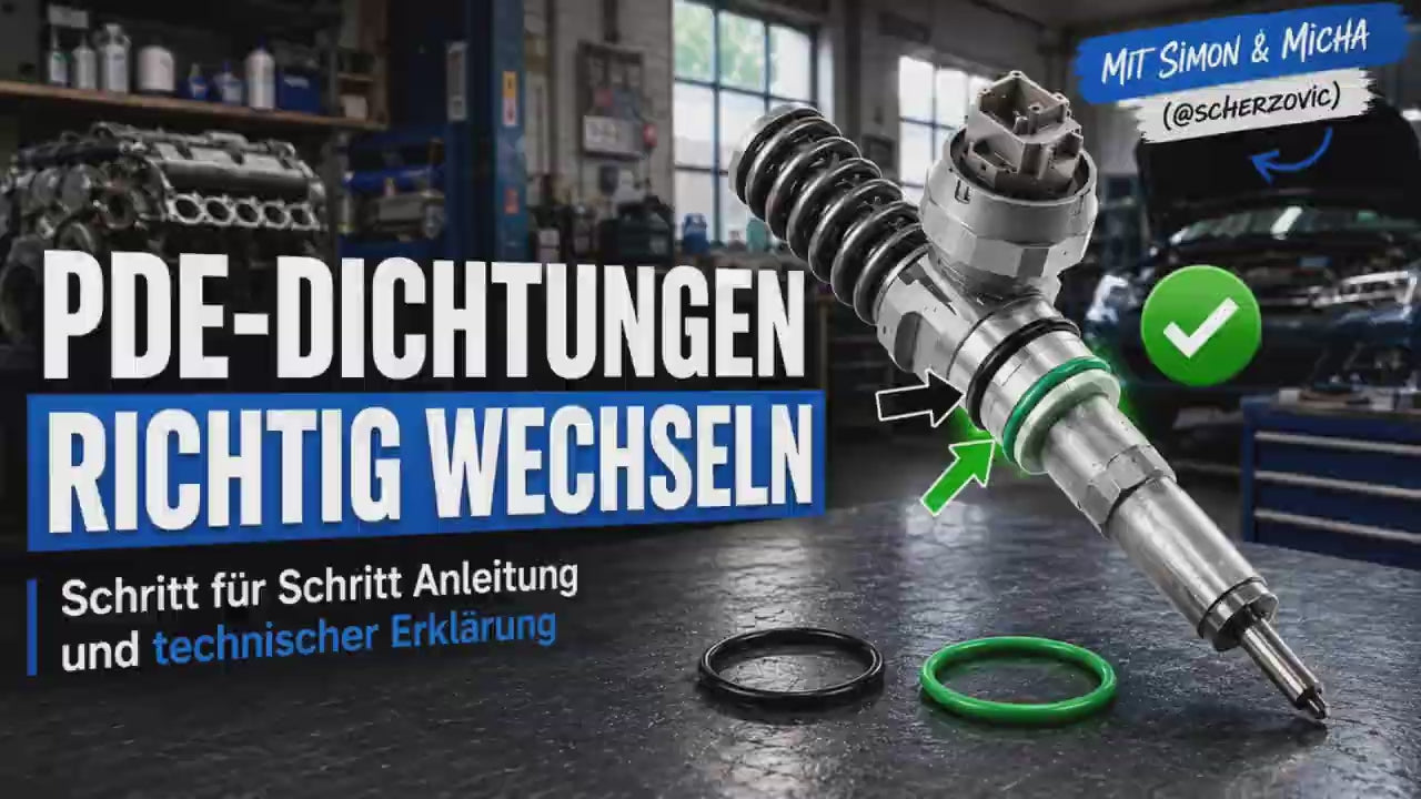 PDE-Dichtungen: In diesem Video zeigen Simon Schoßböck von 07eins und Micha aka  @Scherzovic   worauf es beim richtigen Wechsel der Dichtungen an Pumpe-Düse-Elementen wirklich ankommt.

Beim PDE-TDI machen die Dichtungen am Ende die entscheidende Arbeit: Sie trennen Brennraum, Kraftstoff und Motoröl zuverlässig voneinander. Wenn alte, brüchige oder minderwertige Dichtungen verwendet werden, kann es zu Undichtigkeiten, Öl-/Kraftstoffvermischung und Folgeschäden am Motor kommen.
